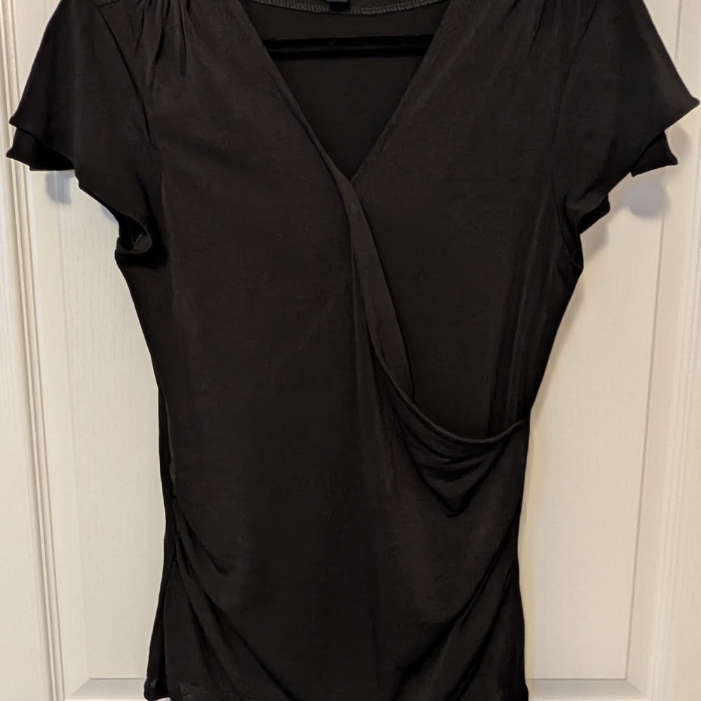 Banana Republic Black Faux Wrap Short Flutter Sleeve Top- Size Med